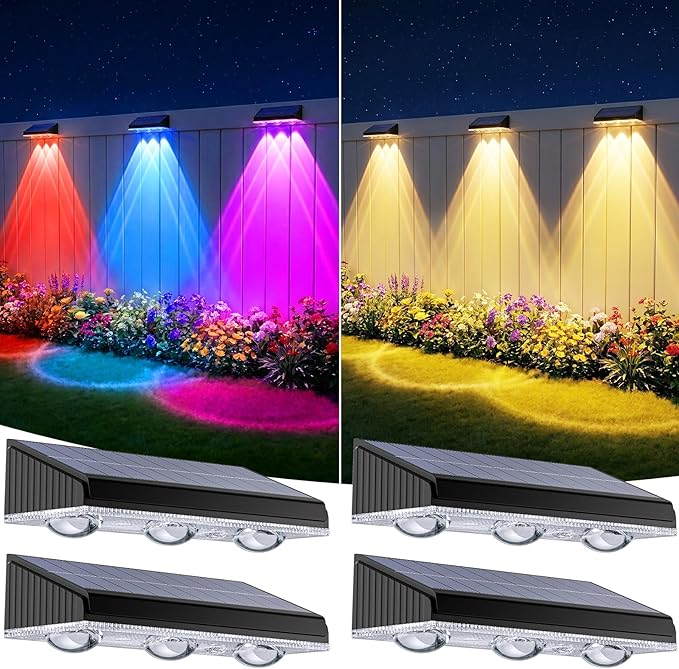Solar Fence Lights Outdoor 4 Pack, Upgraded Brightness 3X LED Lens Fence Lights Solar Powered, 9 Fixed Colors & RGB Lights, IP65 Waterproof Solar Lights for Outside Backyard/Railing/Step/Patio