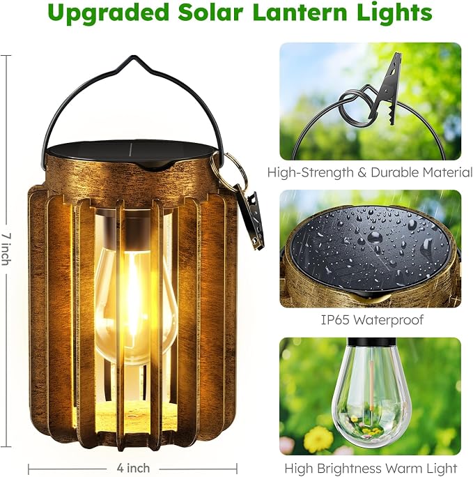 4 Pack Solar Lanterns Outdoor Waterproof, Retro Metal Hanging Lantern | 12-Hr Runtime Outdoor Solar Lantern, Auto On At Dusk, High Bright Hanging Solar Lights for Outside Garden Porch Patio Decor