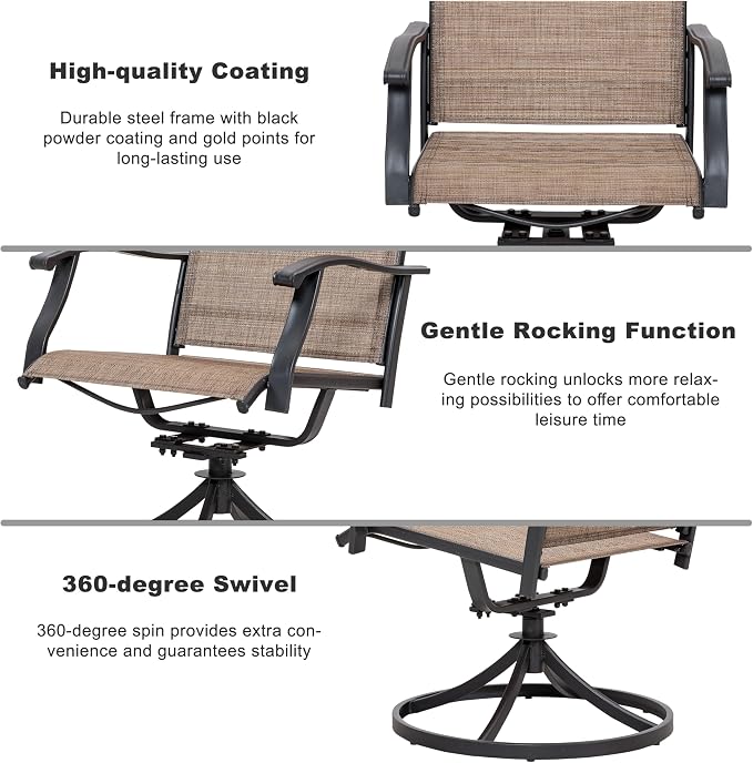 NUU GARDEN 5-Patio Piece Outdoor Dining Set,4 Textilene Swivel Chairs & 37" Square Table with Umbrella Hole and Faux Wood Tabletop, Outdoor Furniture for Porch Backyard Garden Poolside Black Brown
