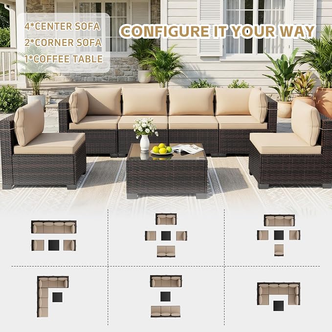 LEVELEVE 9 Pieces Outdoor Patio Furniture Sets,Rattan Conversation Sectional Set,Manual Weaving Wicker Patio Sofa,w/Table&Ottoman