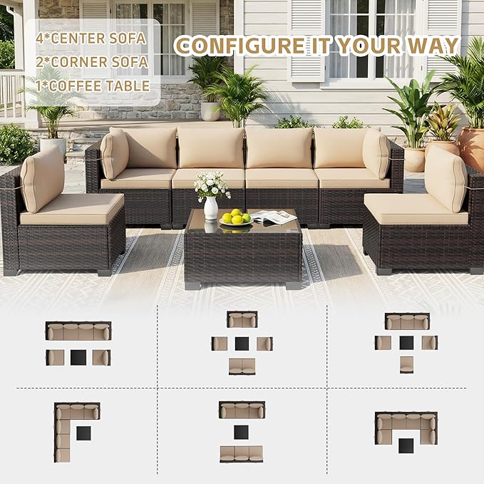 CHABATREE 7-Piece Outdoor Patio Furniture Sets, Manual Weaving Rattan Conversation Sectional Sofa with Tempered Glass Coffee Table, All-Weather PE Wicker & Thick Cushions for Garden, Backyard, Porch