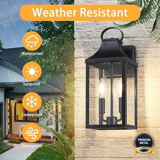 15" Dusk to Dawn Black Outdoor Wall Lantern 2-Light, Black | Outside Modern Wall Sconce Light Fixture, Industrial Porch Light with E12 Sockets, Waterproof Exterior Lamp Lighting