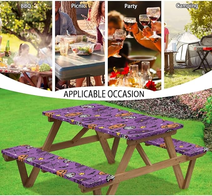 Halloween Picnic Table Cover with Bench Covers 3 Piece Fitted Picnic Table Cover with Bench Covers Picnic Table Covers with Elastic Band Picnic Table Cover for Halloween Decoration