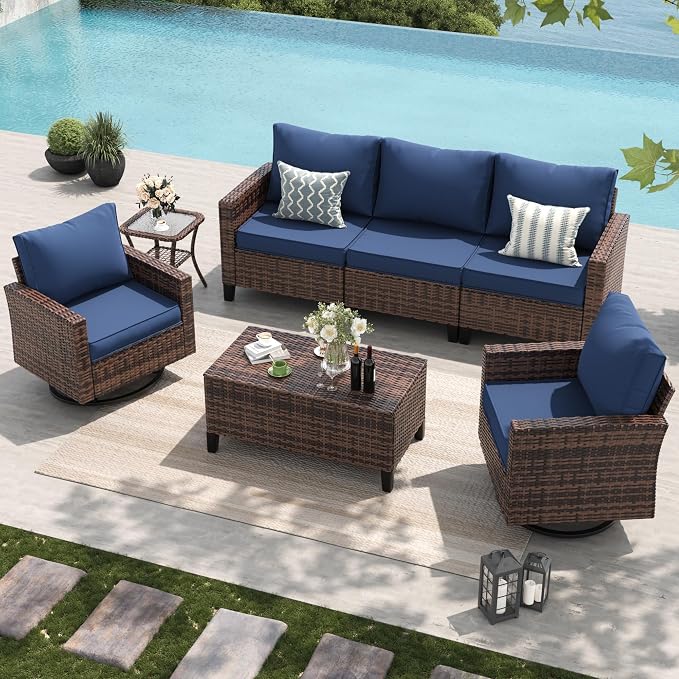 Amopatio Patio Furniture Set, Wicker Outdoor Sectional Sofa with Swivel Rocker Chairs, All-Weather Rattan Conversation Set, Storage Coffee Table, Waterproof Cover for Backyard, Deck Brown/Navy 5 PCS