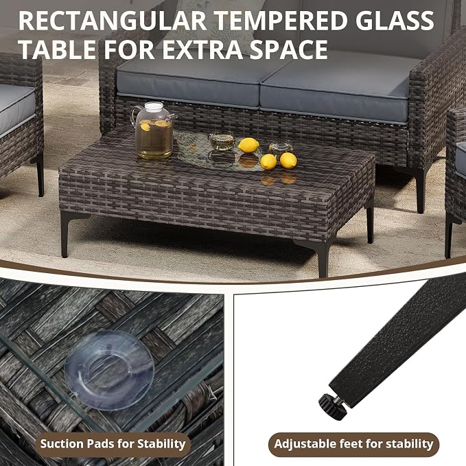 4-Piece Outdoor Patio Furniture Set Grey All-Weather Rattan Outdoor Couch with Coffee Table Outdoor Patio Sofa Seating with Cushions for Garden, Poolside, Porch