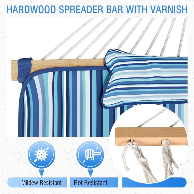 MUPATER 12FT Double Hammock with Stand Included, 2 Person, Outdoor Quilted Hammock with Stand, Rope with Pad and Pillow, para adultos, Striped Blue