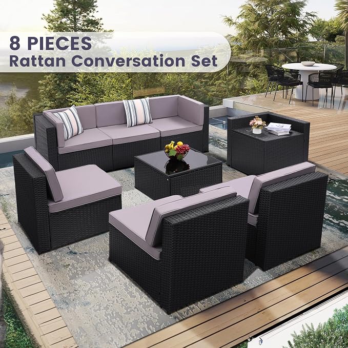 KROFEM 8 Piece Patio Furniture Set, Outdoor Modular Conversation Set,Grey | UV Treated Wickers, Machine Washable Cushions, Seats 6, 2 Hidden Storage Compartments, Rustproof Frame, Waterproof