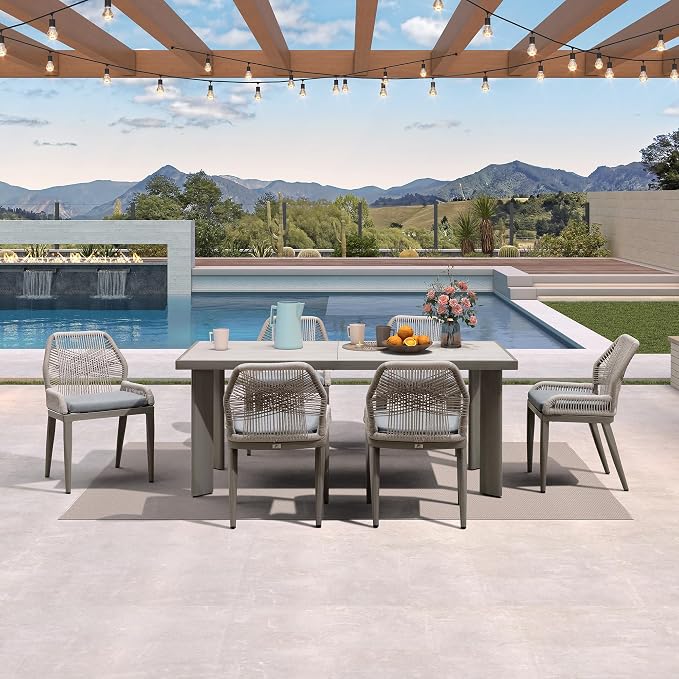 PURPLE LEAF 7 Pieces Patio Dining Set Aluminum Rectangular Table and Wicker Chairs with Cushions for Kitchen Porch Garden Modern Outdoor Furniture Sets, Light Grey