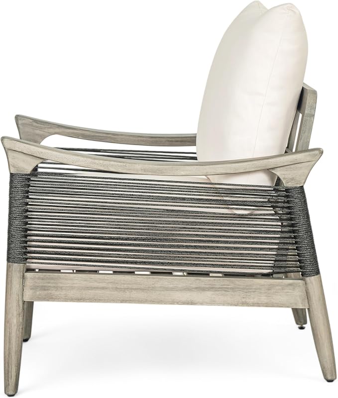 Merax 4-Piece Acacia Wood Patio Set with Loveseat, Chairs & Table | Grey Acacia Frame, Dark Grey Rope, Beige Cushions, Deep Seating And Coffee Table For Porch, Garden, Backyard Or Balcony