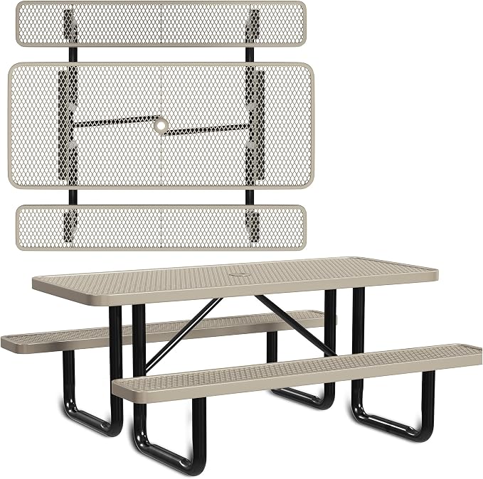 Leisure Craft Metal Picnic Table with Bench - 6 ft Rectangle Outdoor Dining Table for 6, Umbrella Hole, Weatherproof Heavy Duty Thermoplastic Coating, Commercial Grade Furniture Made in USA - Beige