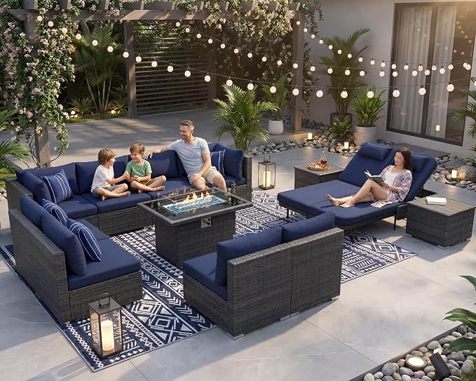 NICESOUL 13 Pcs Outdoor Furniture with Fire Pit, 29.3'' High Back Large Patio Couch Set with Fire Pit Table & Chaise Lounge, Extra Wide Deep Seat Sectional Sofa and Lounger for Deck, Grey & Navy Blue