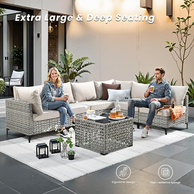 Outdoor Patio Furniture Sets,6 PCS Patio Conversation Set Outside Rattan Sectional Sofa with 42 in Fire Pit Table&Coffee Table Fit Backyard Porch Garden Poolside Balcony