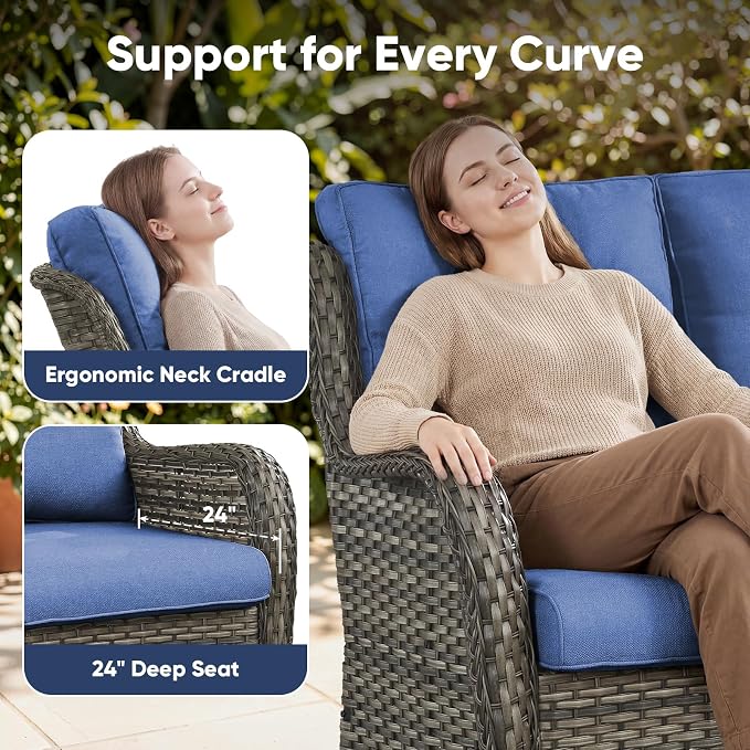 Belord 3-Piece PE Wicker Outdoor Sofa with 2 Ottomans, Luxury Patio Couch Convertible to Chaise Lounge, All-Weather High Back Deep Seat Woven Furniture for Deck, Porch - Grey/Blue