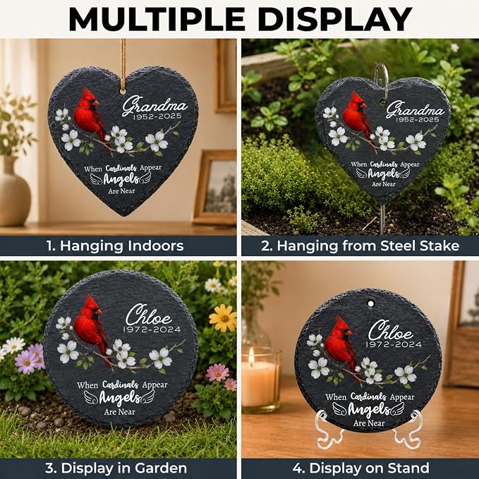 Memorial Garden Stones for Loved Ones, Red Cardinal Garden Stones in Memory of Dad Mom, Bereavement Sympathy Gift for Loss, Weatherproof Outdoor Memorial Plaque Stone, Remembrance Natural Stone