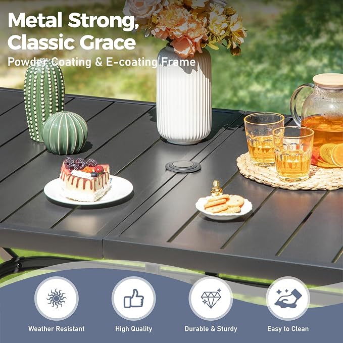 SUNSHINE VALLEY Patio Dining Set 7 PCS, Rectangular Steel Dining Table with 1.57" Hole, Red Stable Dining Chairs for 6,Patio Table and Chairs for Outdoor Lawn Garden,Deck.