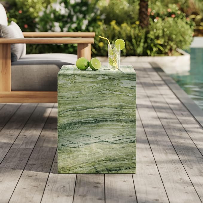 Modway Jordana Indoor Outdoor Concrete Side Table in Green Marble – Square Plinth End Table with Faux Stone Finish - Concrete Furniture Accent Table for Patio, Garden, or Living Room