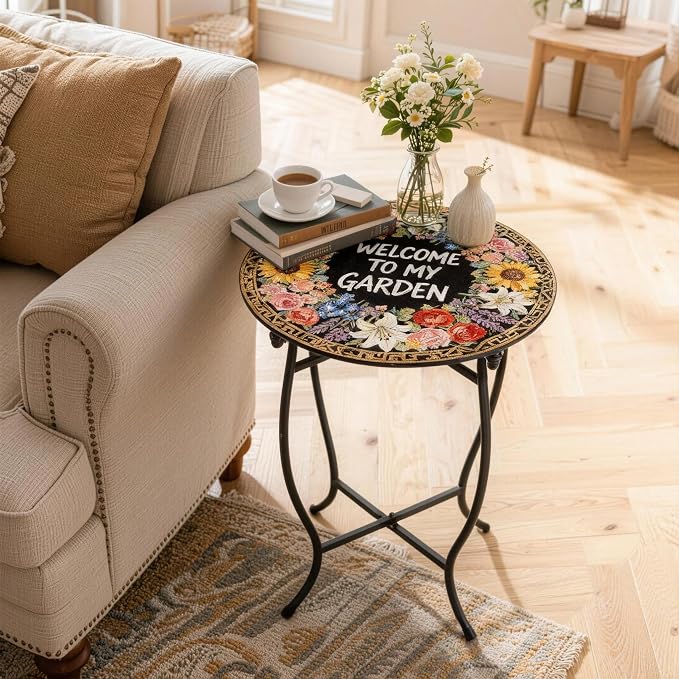 Outdoor Side Table, Versatile Round Small Table for Balcony Yard Porch Rocking Chair and Pool Chair, Weather Resistant Metal Patio Table for Indoor Outdoor Use
