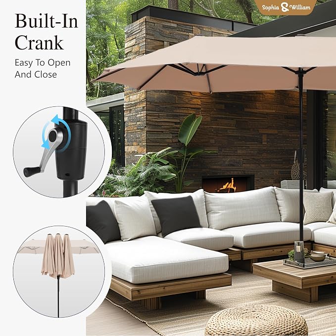 Sophia & William Patio Set with Umbrella 8 Pieces Outdoor Dining Set for 6 with 13ft Double-Sided Umbrella Beige, 6 x Swivel Patio Chairs Brown, 1 Metal Table for Lawn Garden (No Umbrella Base)
