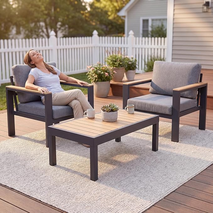 3-Piece Balcony Patio Furniture Set, Gray Aluminum Outdoor Chair Set with 2 Single Patio Chairs & Coffee Table, 1.5mm Thick Rustproof Frame, Waterproof Removable Cushions for Small Balcony Front Porch