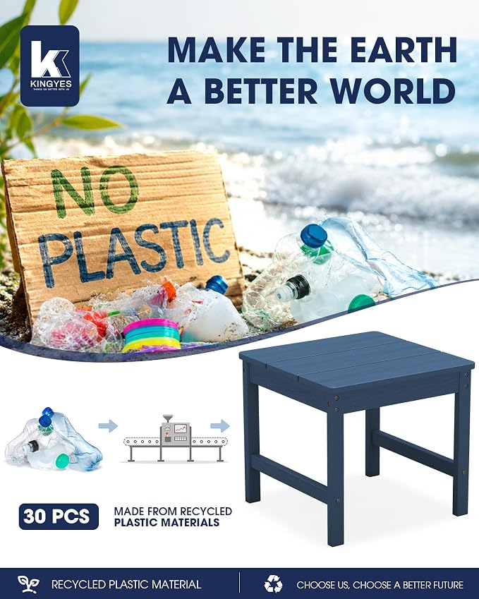 KINGYES Double Side Table with 1.6'' Umbrella Hole, HDPE Adirondack End Table- Blue