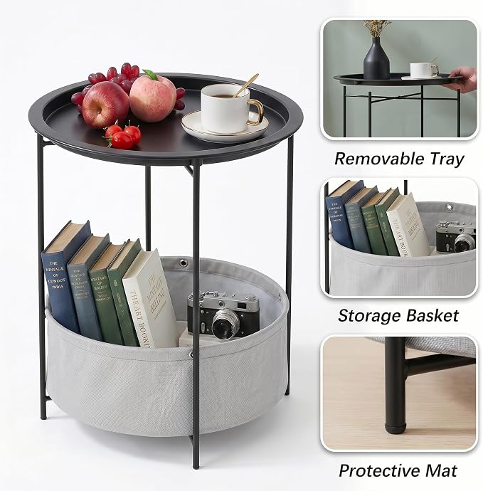 VECELO Round Side/End Table with Fabric Storage Basket，Metal Anti-Rust and Waterproof Small Bedside Nightstand with Removable Tray Top for Living Room，Balcony & Laundry，Black /2pcs with Basket