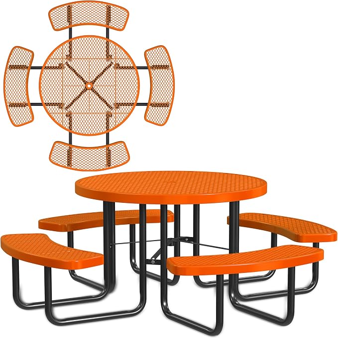 Leisure Craft Metal Picnic Table with Bench - 46" Round Outdoor Dining Table for 8 with Umbrella Hole, Weatherproof Heavy Duty Thermoplastic Coating, Commercial Grade Furniture Made in USA - Orange