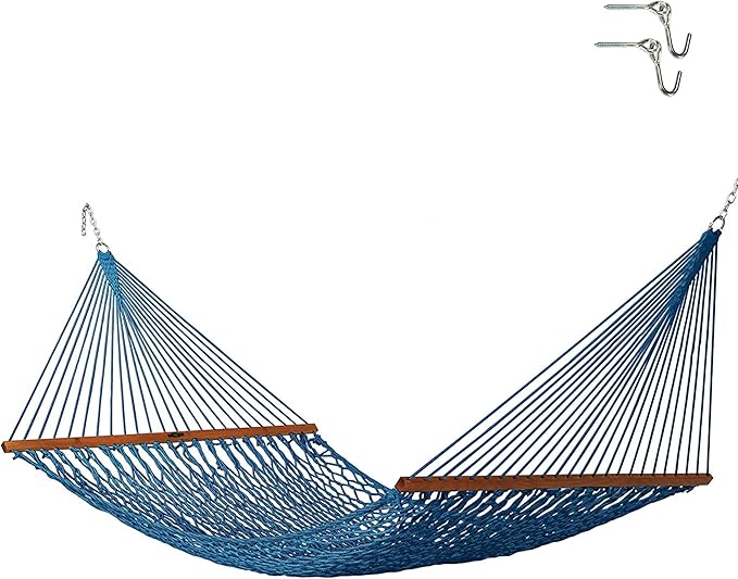 Original Pawleys Island Deluxe Coastal Blue DuraCord Rope Hammock – 13 ft. x 60 in., 2-Person, 450 lb Capacity, Oak Spreader Bar, Zinc-Plated Hardware, Handcrafted in the USA