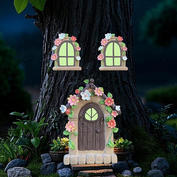 FESTGLOX Fairy Garden Door and Windows for Trees Outdoor, Glow in The Dark | Fairy Garden Door House Kit Miniature Accessories for Tree Trunk, Gnome, Outdoor Yard, Stump, Lawn
