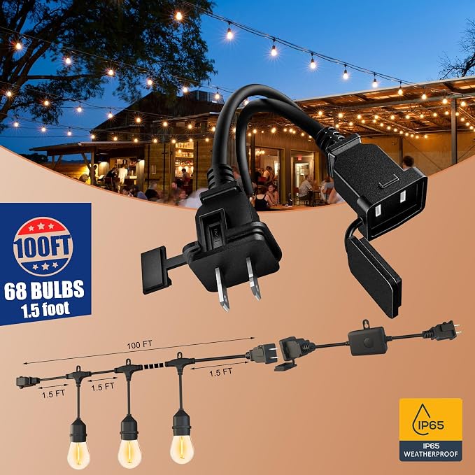 Outdoor String Lights 100FT 64+4 Bulbs(1.5 FT Apart) Remote Patio Lighting | Waterproof IP65 Linkable Outside Lights with Remote Timer&3 Modes for Commercial Backyard Bistro Garden Market Porch Balcony