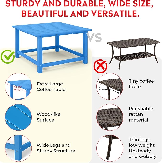 Costaelm Patio Conversation Set, 5 piece Balcony Furniture, Small Patio Firepit Furniture Outdoor Adirondack Square Coffee Table and Chair for Backyard Lawn Porch Pool Garden, Pacific Blue