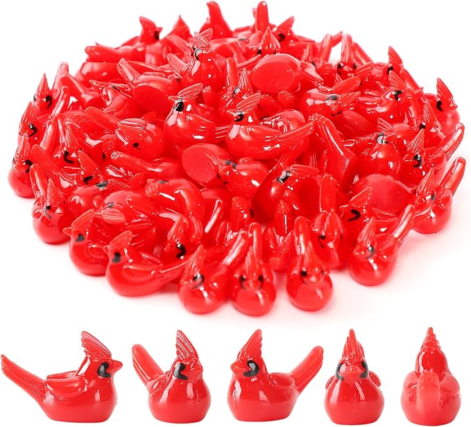 40 Pcs Mini Resin Red Cardinal Birds Christmas Tree Ornaments Bulk Tiny Animals Figurines for DIY Craft Supplies Mini Garden Decor Party Cake Toppers Dollhouses Xmas Gift