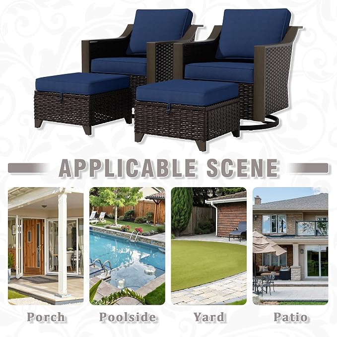 4 Piece Wicker Patio Conversation Set, All-Weather Use Outdoor 2 PE Rattan Swivel Chair, 2 Ottoman, Removable Water-Resistant Cushion, Ideal for Porch, Backyard, Balcony, Poolside, Blue