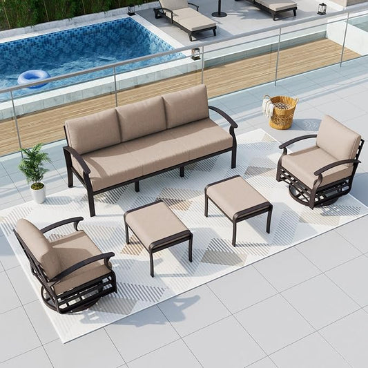 ALAULM Aluminum Patio Furniture Set with Swivel Chairs 7-seat Metal Outdoor Furniture Patio Sectional Sofas w/2 Ottomans for Porch, Backyard, Poolside-Sand