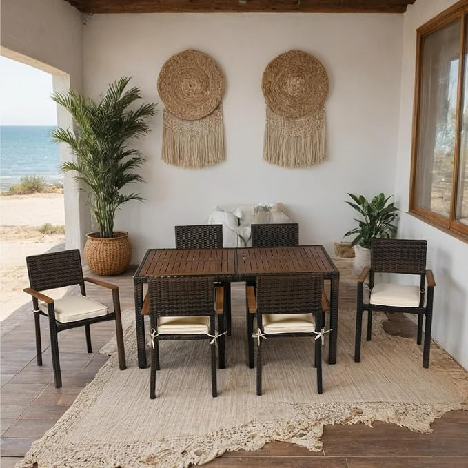 7 Piece Outdoor Patio Dining Set Wicker Furniture Set with Acacia Wood Top Brown Rattan and Cream Cushions 6 Seater Garden Dining Set for Backyard Deck