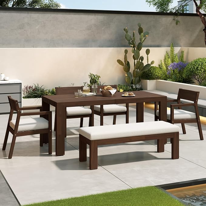 RUNNA Patio Dining Table Set for 6,Outdoor Furniture Sets with Umbrella Hole,71" Rectangular Table,Chairs and Bench with Removable Cushions for Backyard,Garden,Poolside (Beige+Mocha#28)