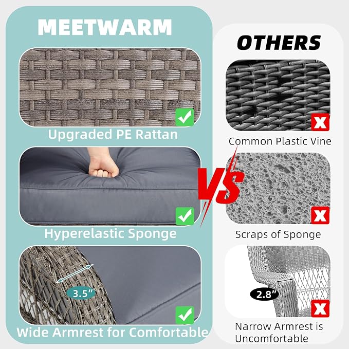 MEETWARM Outdoor Wicker Patio Glider Set, Loveseat for 2 Person Porch Furniture Glider with Glass-Top Coffee Table, Patio Glider Rocking Bench with Thickened Cushions, Gray