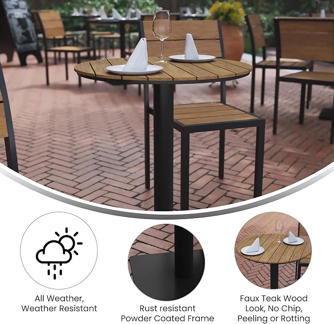 Flash Furniture Finch Commercial Grade Round 24" Table with Faux Teak Poly Slats and Steel Frame, Natural/Gray