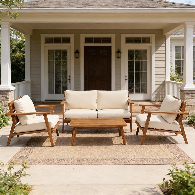 KLMM 4-Piece Mid-Century Modern Acacia Wood Patio Seating Set,Outdoor Conversation Set with Loveseat,Club Chairs & Slatted Coffee Table,for Garden Backyard Poolside (Teak+ Beige-MC)