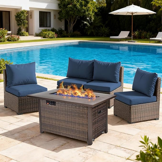 5 Pieces Patio Furniture Set with 42" Fire Pit Table, Outdoor Patio Sectional Sofa, Wicker Rattan Conversation Set, Blue