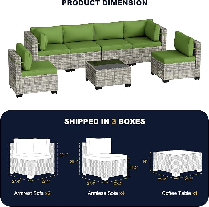 7-Piece Outdoor Patio Furniture Set, PE Wicker Rattan Sectional Sofa Conversation Set with Tempered Glass Table & Thick Cushions - All-Weather Garden, Backyard Furniture, Avocado Green