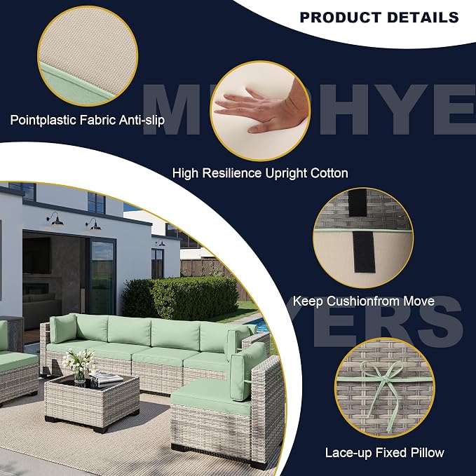 11-Piece Outdoor Patio Furniture Set with Rocking Swivel Chair, Wicker Rattan Sectional Sofa Conversation Set with 55,000 BTU Fire Pit Table, Backyard Furniture, Light Green