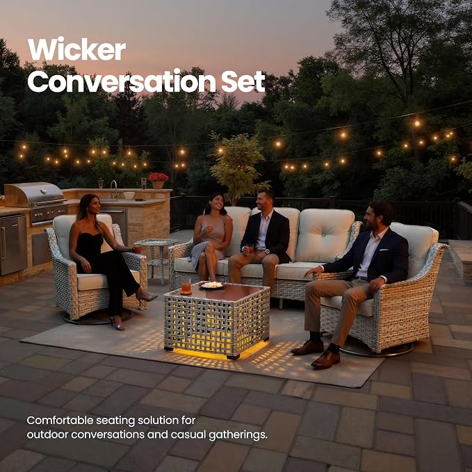 5 PCS Patio Conversation Set, All-Weather Rattan Wicker Outdoor Patio Furniture Sets with High Back Swivel Rocker Chair, Solar Light Coffee Table for Porch,Backyard,Balcony,Beige