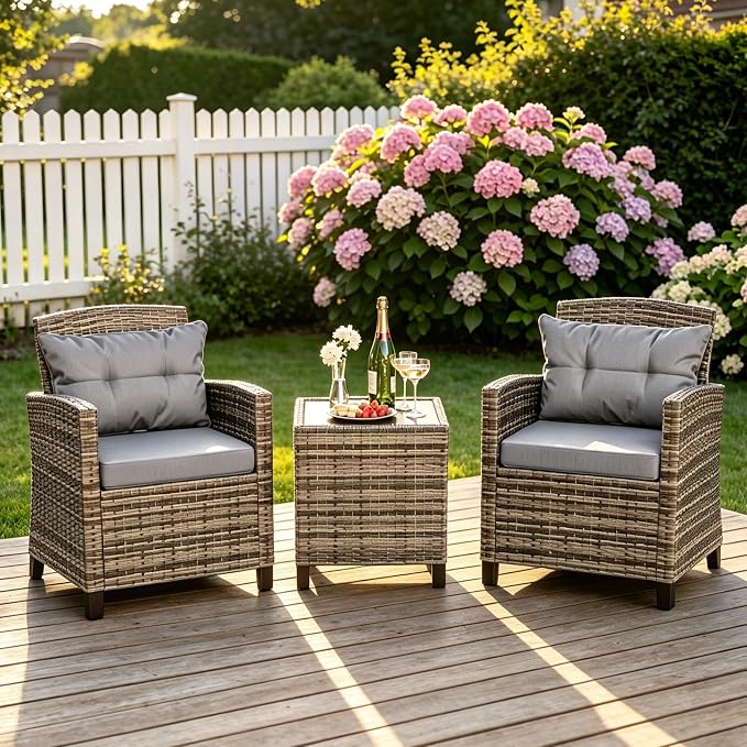 JAMFLY 3 Piece Wicker Patio Furniture Set - Outdoor Rattan Conversation Set with Soft Cushions & Glass Coffee Table for Balcony, Porch, Small Backyard - All Weather Grey Bistro Set, Grey