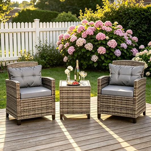 JAMFLY 3 Piece Wicker Patio Furniture Set - Outdoor Rattan Conversation Set with Soft Cushions & Glass Coffee Table for Balcony, Porch, Small Backyard - All Weather Grey Bistro Set, Grey