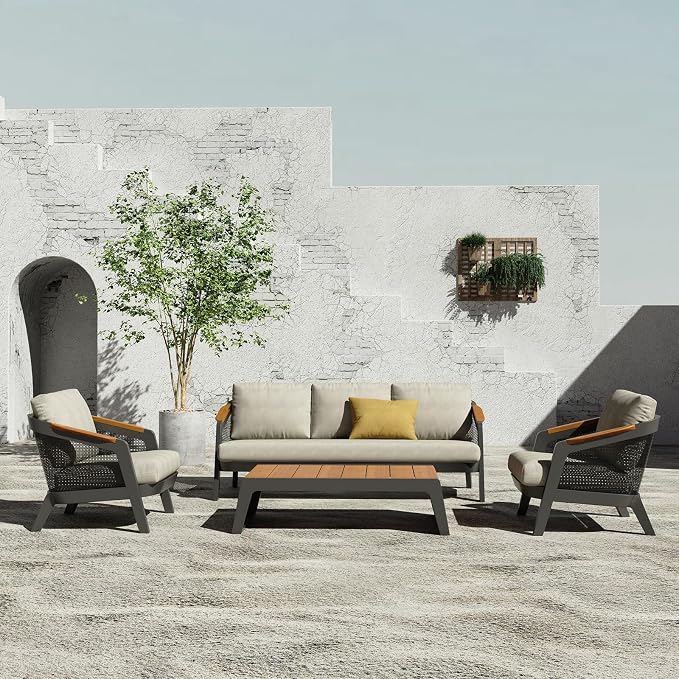4 Pieces Patio Furniture Set Outdoor Sectional Patio Conversation Sets Aluminum Sofa Set with Teak Coffee Table & Armrests, Grey