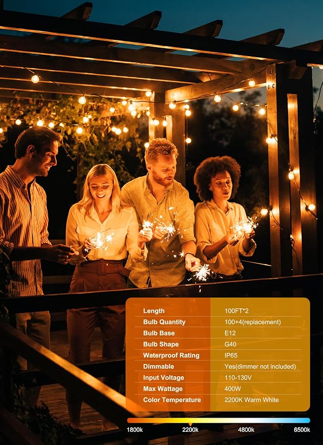 Brightown Outdoor String Lights, 200FT 100+2 G40 Bulbs Shatterproof Patio Lights, IP65 Waterproof Dimmable Hanging Connectable Globe LED Outdoor Lights for Backyard, Bistro, Porch, Deck, Balcony | IP65 Waterproof Dimmable Hanging Connectable Globe LED ...