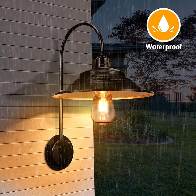 Solar Barn Lights Upgrade, 2PCS Waterproof Wall Light Fixture, Rustic Vintage Metal Gooseneck Solar Wall Mount Lights with Gold Interior, for Outdoor Barn Shed Garage Porch (Black)
