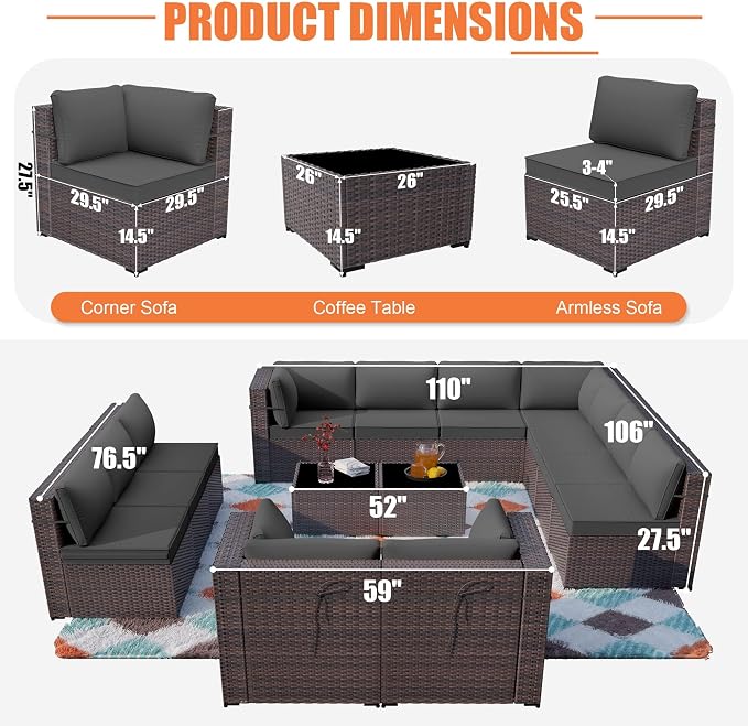 ALAULM 14 Pieces Patio Furniture Set Wicker Patio Conversation Set, Outdoor Sectional Furniture w/Coffee Table & Washable Seat Cushions-Grey