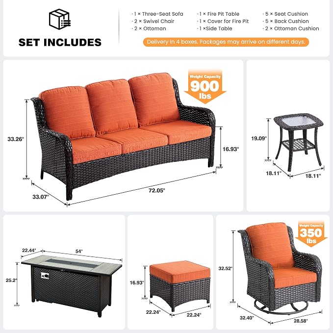 ovios 7-Piece Patio Furniture Set with Swivel Chairs Side Table, Outdoor Wicker Sofa with 54" Fire Pit Table, High Back Couch Modern Conversation Sets, Brown/Orange Red