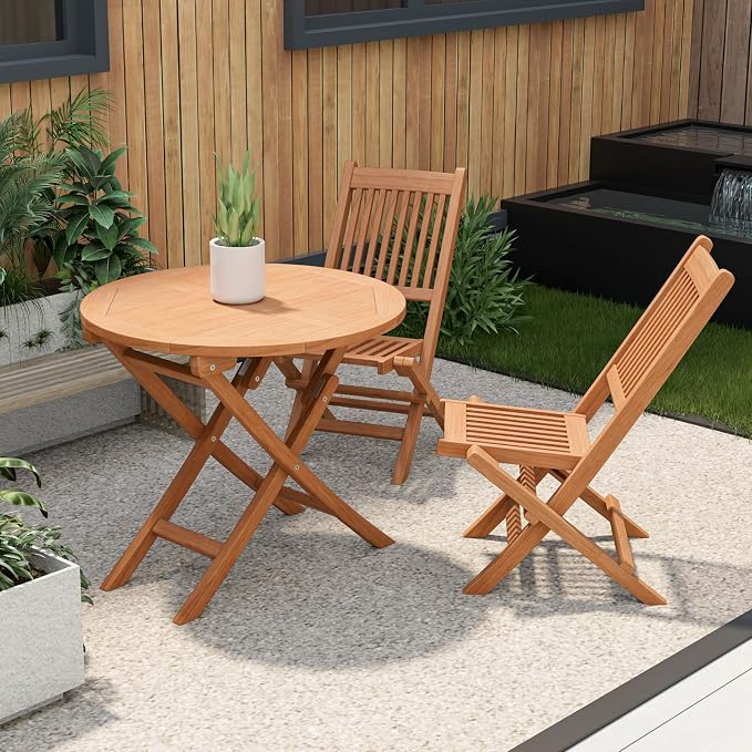 Giantex 31.5” Outdoor Folding Table, Indonesian Teak Patio Dining Table with Natural Appearance, Space-Saving Design, Outside Round Wood Dining Table for Deck, Backyard, Poolside
